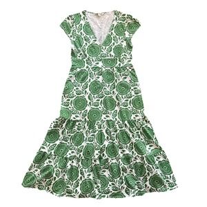 Boden Elara Dress Women's 8R Green Floral Tiered Midi V-Neck